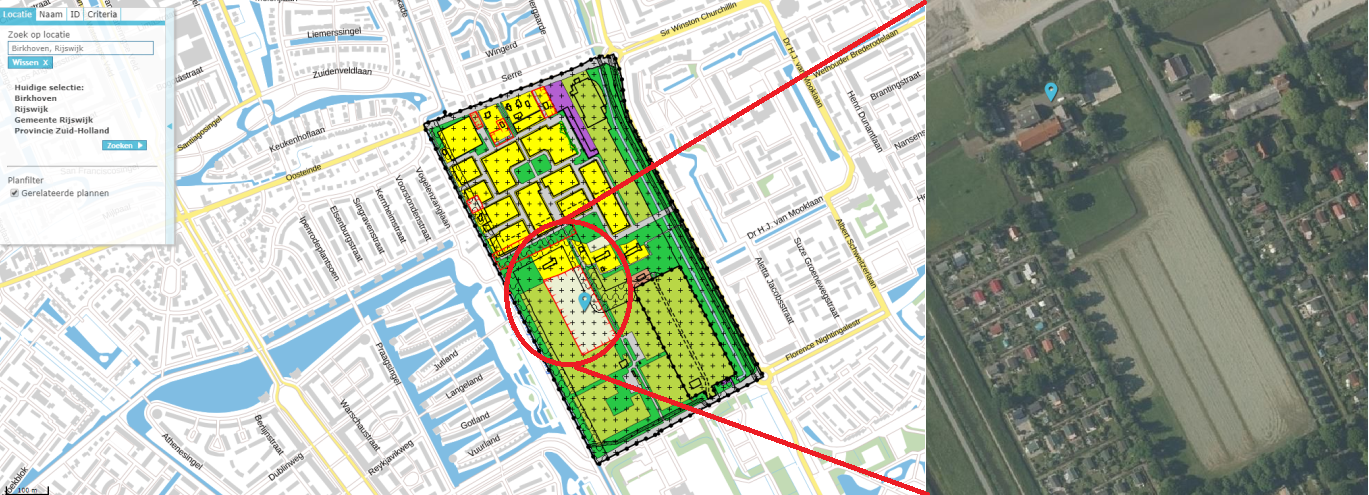 Afbeelding 1 – Bestemmingsplan “Eikelenburg”, uitsnede www.ruimtelijkeplannen.nl incl. luchtfoto projectlocatie