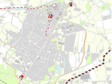 Figuur 8. Risicovolle inrichtingen en buisleidingen in en rond Denekamp (Bron: Risicokaart Overijssel