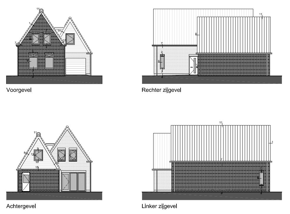 Voor-, zij- en achteraanzicht bouwplan